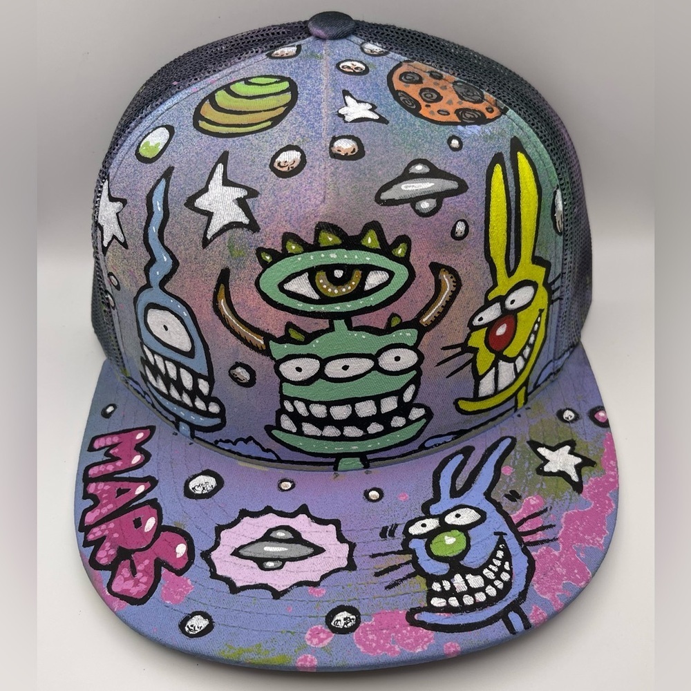 JOEY MARS Autographed, Adjustable flat brim trucker hat galaxy spraypaint artist